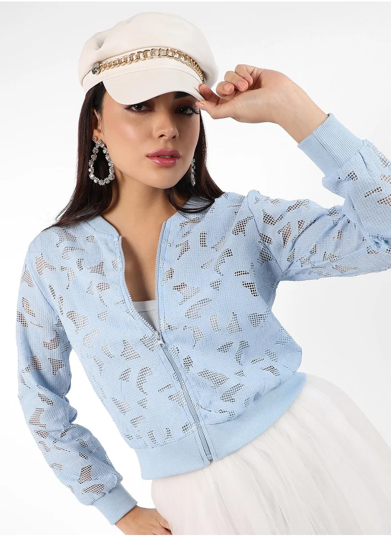 Campus Sutra Women's Sky Blue Self-Design Botanical Jacket