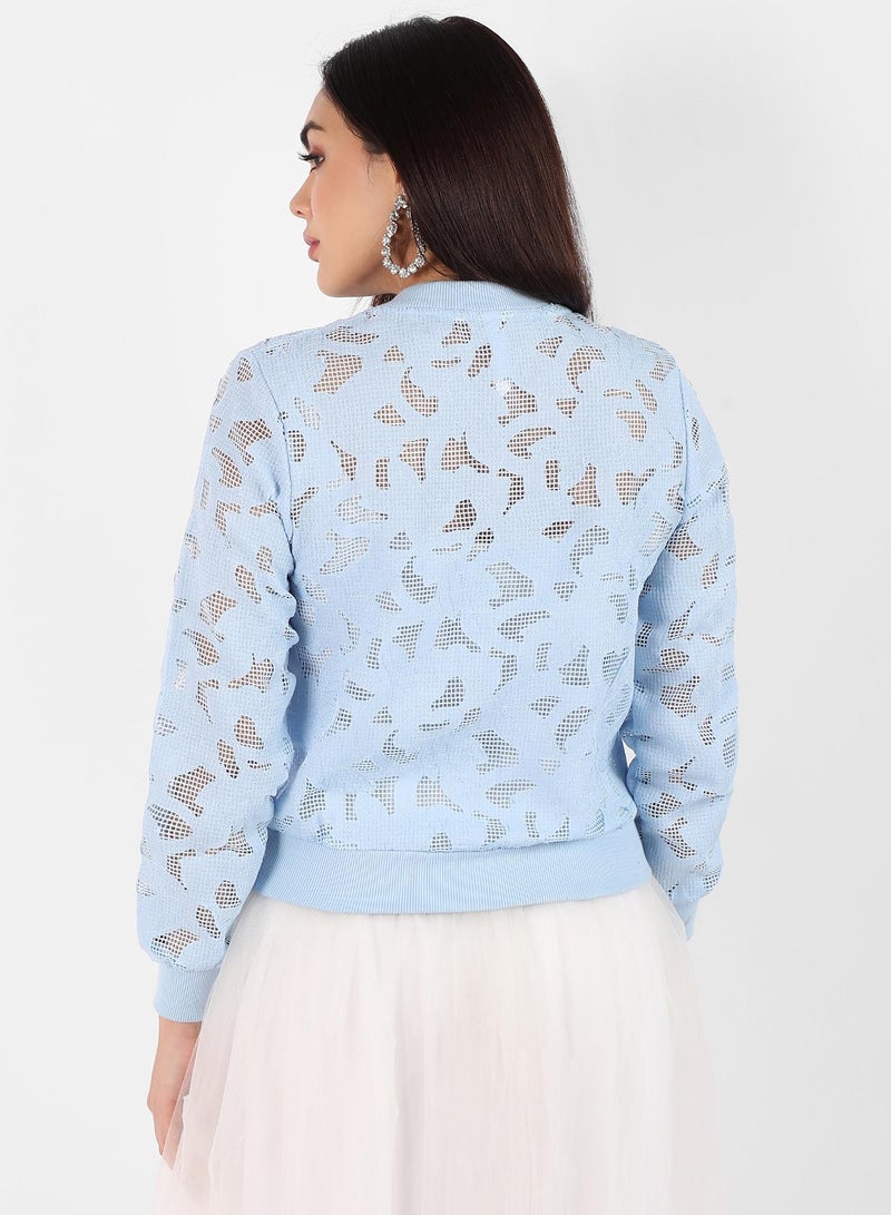 Campus Sutra Women's Sky Blue Self-Design Botanical Jacket  - Image 3