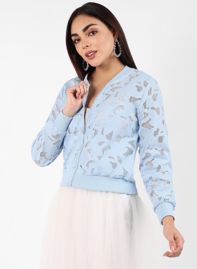 Campus Sutra Women's Sky Blue Self-Design Botanical Jacket  - Image 2