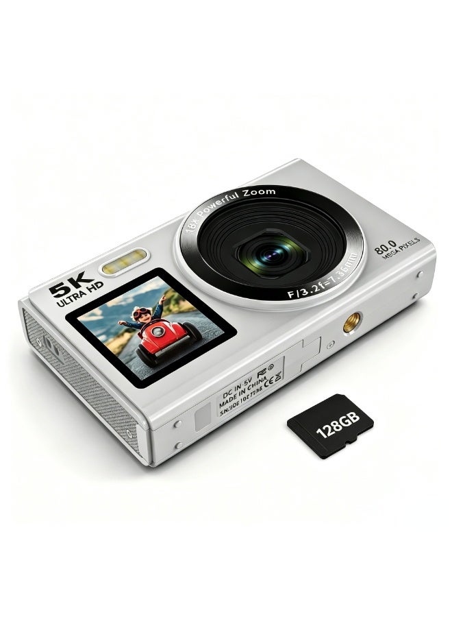 ZONBON Digital camera, 5K portable digital camera, equipped with 128GB SD card,  with 3-inch flip screen for vloggers, 18x digital zoom children's camera, suitable for boys and girls, white - Image 1