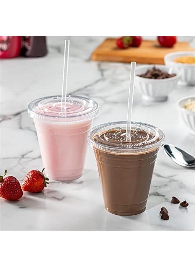 100 Count Clear Plastic Cups With Lids for 12 oz. Drinks - Disposable Cups for Cold Beverages, Smoothies, and To-Go Drinks