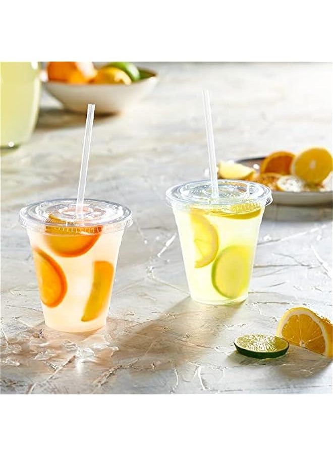 100 Count Clear Plastic Cups With Lids for 12 oz. Drinks - Disposable Cups for Cold Beverages, Smoothies, and To-Go Drinks