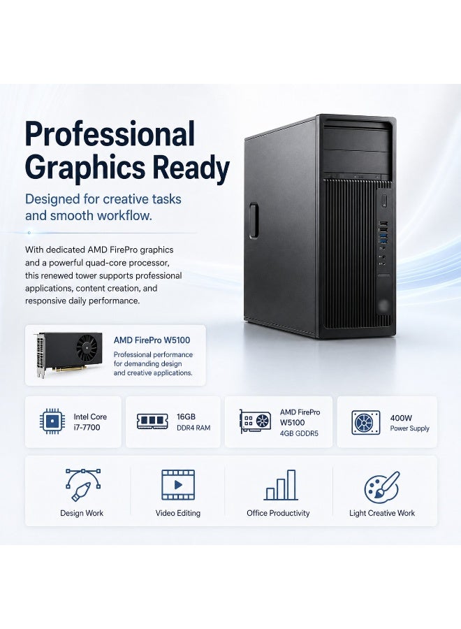 محطة عمل Z240 تاور - معالج إنتل كور i7-7700، رام 16 جيجابايت، هارد 256 جيجابايت NVMe SSD + 500 جيجابايت HDD، كارت شاشة AMD FirePro W5100 بسعة 4 جيجابايت، مزود طاقة 400 واط، ويندوز 11 مع ماوس ولوحة مفاتيح وكابل كهرباء مجاناً - Image 2