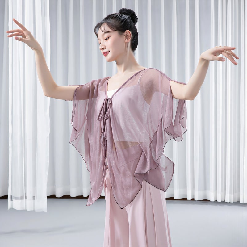 Upgraded Batwing Sheer Dance Top Side Slit Adjustable Tie Soft Pink M - Image 2