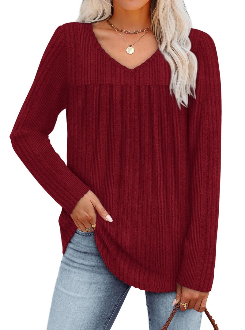 WIHOLL Fall Outfits for women 2025 V Neck Long Sleeve Shirts Womens Tops Dressy Casual Cute Work Spring Fall Clothes Business Casual Lightweight Sweaters Tunic Blouses 2026 Fashion Clothing Red M - Image 2