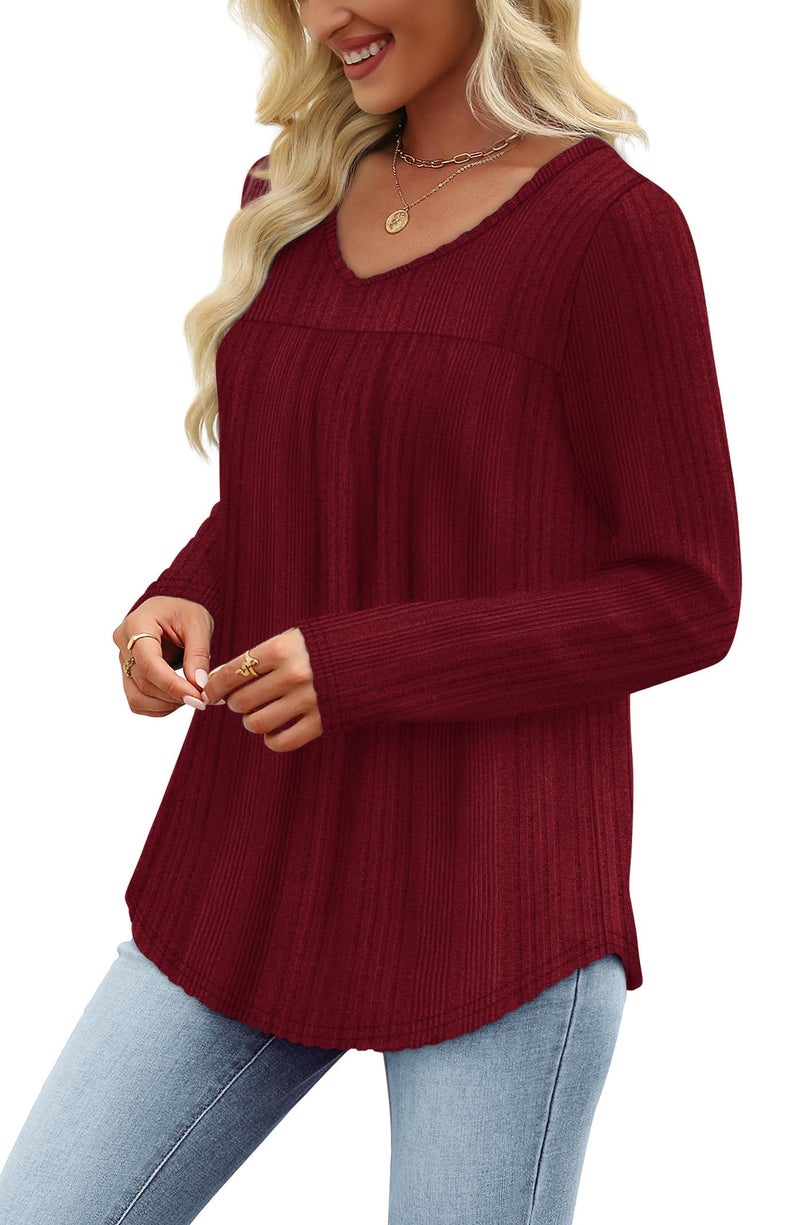 WIHOLL Fall Outfits for women 2025 V Neck Long Sleeve Shirts Womens Tops Dressy Casual Cute Work Spring Fall Clothes Business Casual Lightweight Sweaters Tunic Blouses 2026 Fashion Clothing Red M - Image 4