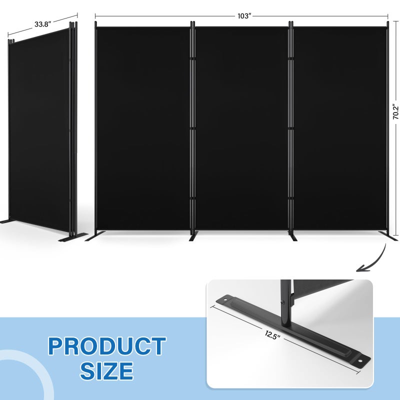 AKTOP Room Divider 3 Panel, Folding Fabric Wall Divider for Room Separation, Portable Room Partitions and Dividers 103"W x 70''H, Freestanding Privacy Screen for Office, Dorm, Studio, Classroom, Black - Image 2