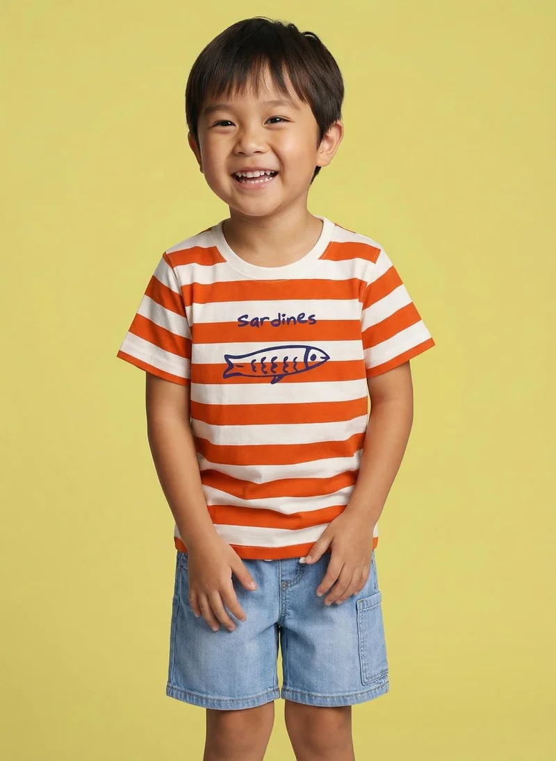 نوتيناتي Nautinati Boys' 100% Cotton Pack of 2 Striped & Graphic Crew Neck T-shirts