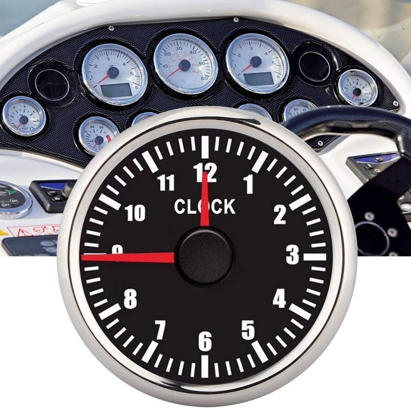 Qiilu Clock Meter Gauge, 12-Hour Format 9-32V DC Hourmeter Clock Instrument Panel Gauges Display Red Backlight 52mm(2") Install Dia for Car Boat Yacht Black Dial - Image 1