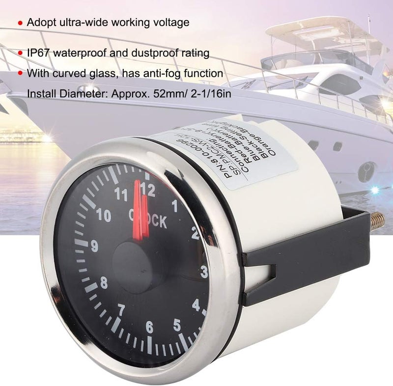 Qiilu Clock Meter Gauge, 12-Hour Format 9-32V DC Hourmeter Clock Instrument Panel Gauges Display Red Backlight 52mm(2") Install Dia for Car Boat Yacht Black Dial - Image 4