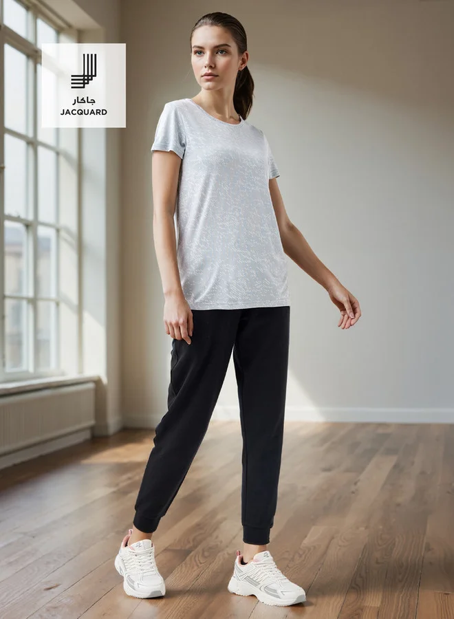 ADOT by Splash Jacquard Textured Round Neck T-shirt with Short Sleeves