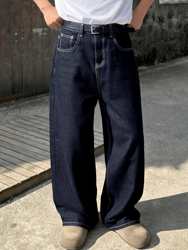 Men's Dark Blue Loose-Fit Wide-Leg Boyfriend Jeans - Image 3