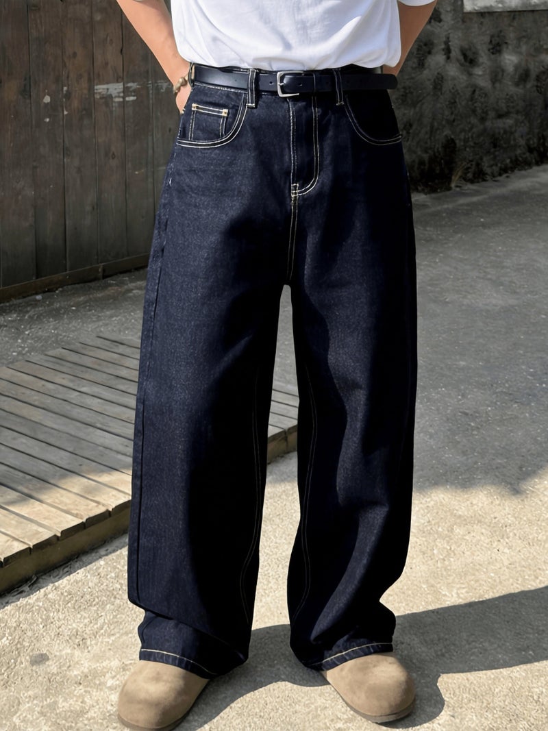 Men's Dark Blue Loose-Fit Wide-Leg Boyfriend Jeans - Image 4