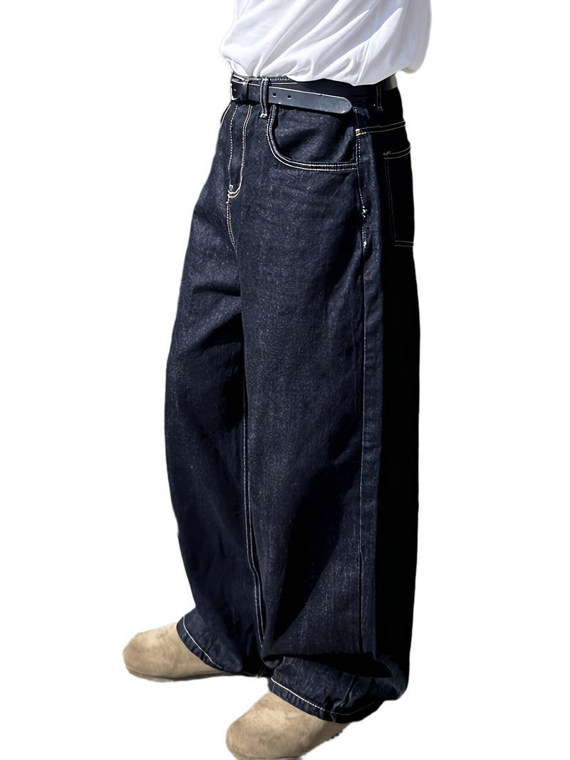 Men's Dark Blue Loose-Fit Wide-Leg Boyfriend Jeans - Image 1