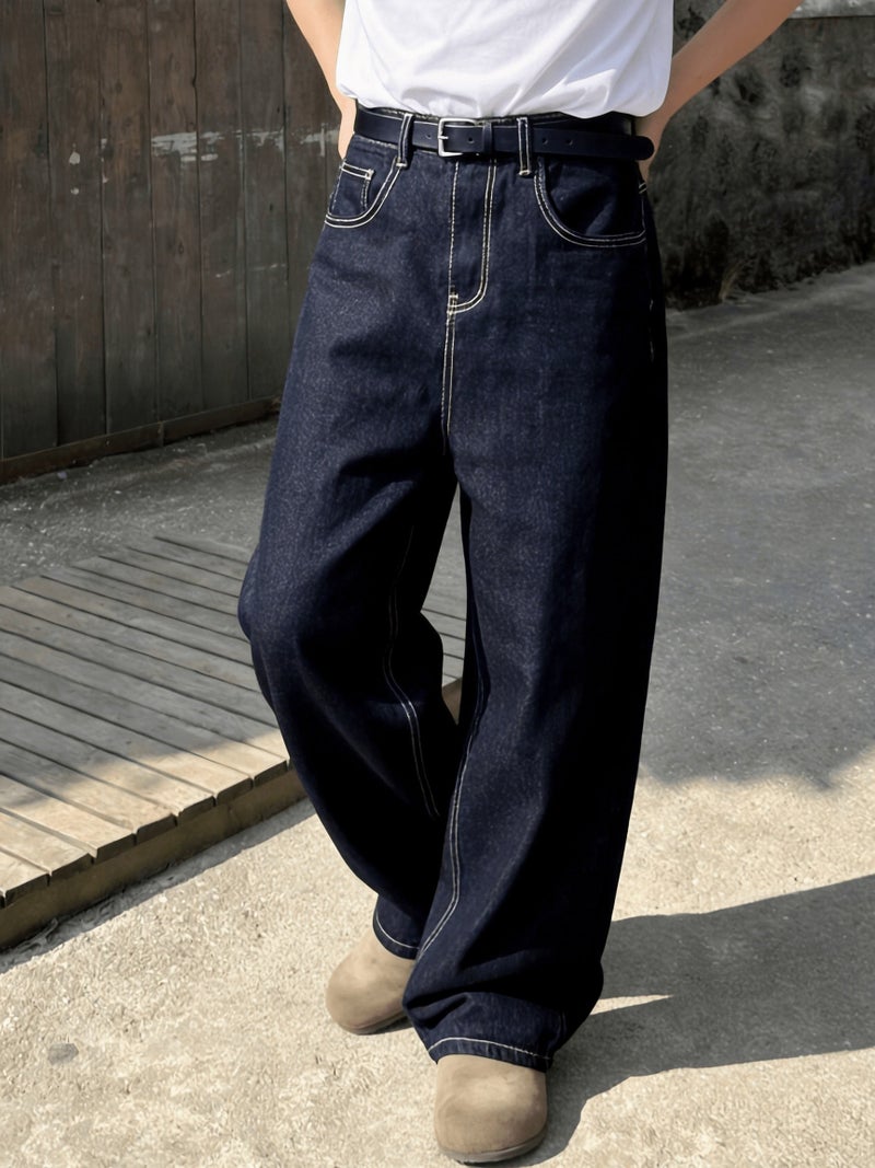 Men's Dark Blue Loose-Fit Wide-Leg Boyfriend Jeans - Image 5