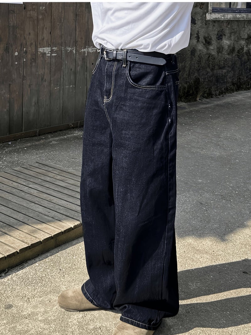 Men's Dark Blue Loose-Fit Wide-Leg Boyfriend Jeans - Image 2