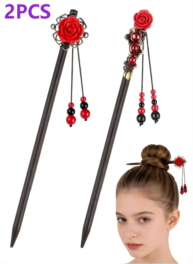 مجموعة من مشابك شعر خشبية عتيقة مكونة من قطعتين، مزينة بأزهار، مصنوعة يدويًا من الخشب، إكسسوارات شعر كلاسيكية للشعر الطويل المجعد للنساء. - Image 1