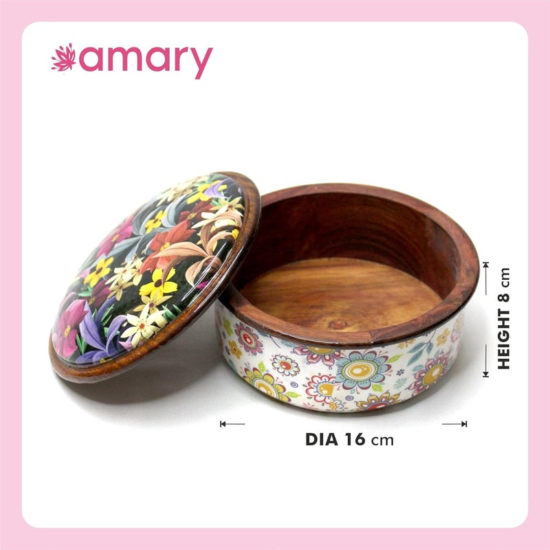 AMARY Handcrafted Sheesham Wood Box with Lid HandEnameled Storage for Dry Fruits Jewelry More Elegant Kitchen Organizer Decorative Gift 16cm x 8cm - Image 2