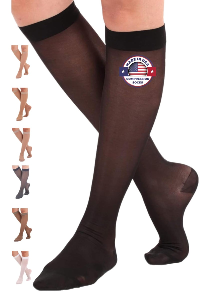 ABSOLUTE SUPPORT Made In Usa - Sheer Compression Socks For Women 15-20 Mmhg - Support Hose Knee High Stockings - Black  Small - Image 1