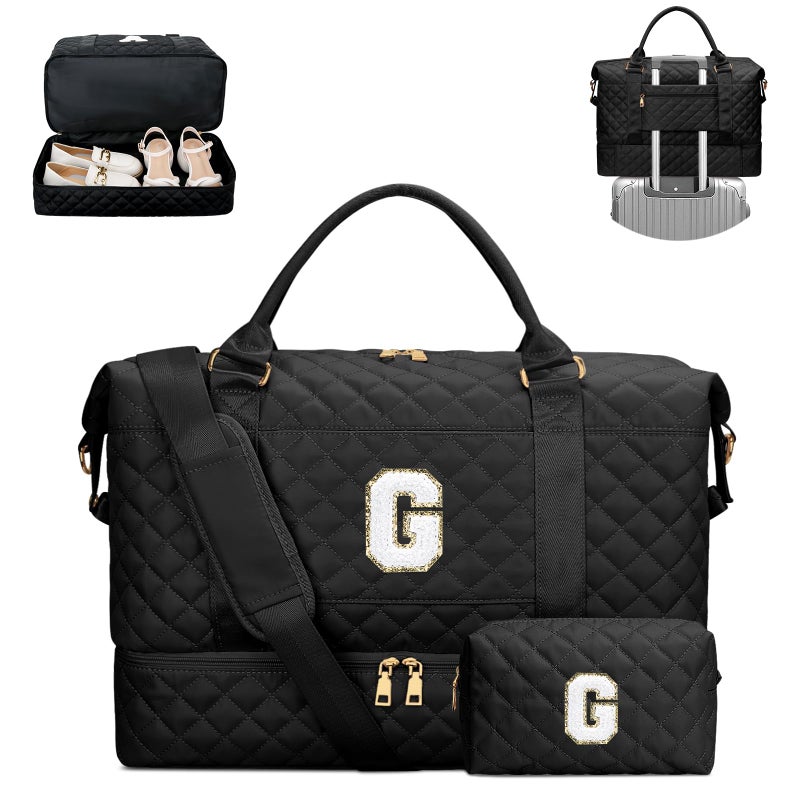 CLOUDWINGS Gifts for Women Girls Birthday Initial Travel Duffle Bag Quilted Weekender Bags CarryOn Overnight with Cosmetic Bag Gym Bag with Shoe Compartment Black G - Image 2