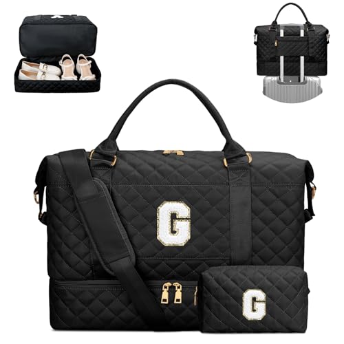 CLOUDWINGS Gifts for Women Girls Birthday Initial Travel Duffle Bag Quilted Weekender Bags CarryOn Overnight with Cosmetic Bag Gym Bag with Shoe Compartment Black G - Image 1