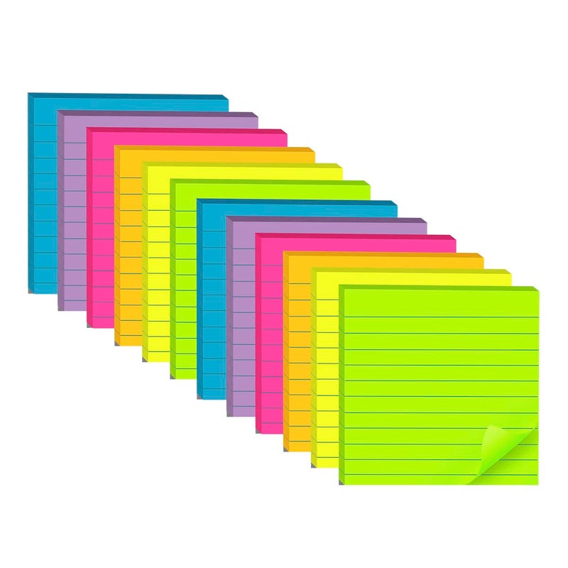 Vanpad (12 Pads) Lined Sticky Notes 4x4 in, 6 Bright Colors Self-Stick Note Pads, Strong Adhesive, 47 Sheets/Pad - Image 1