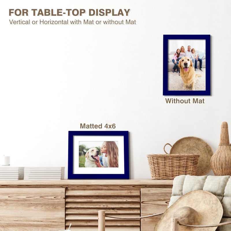 KINLINK 6x8 Picture Frames Navy  Wood Frames with Acrylic Plexiglass for Pictures 4x6 with Mat or 6x8 without Mat  Tabletop and Wall Mounting Display  1 Pack - Image 5