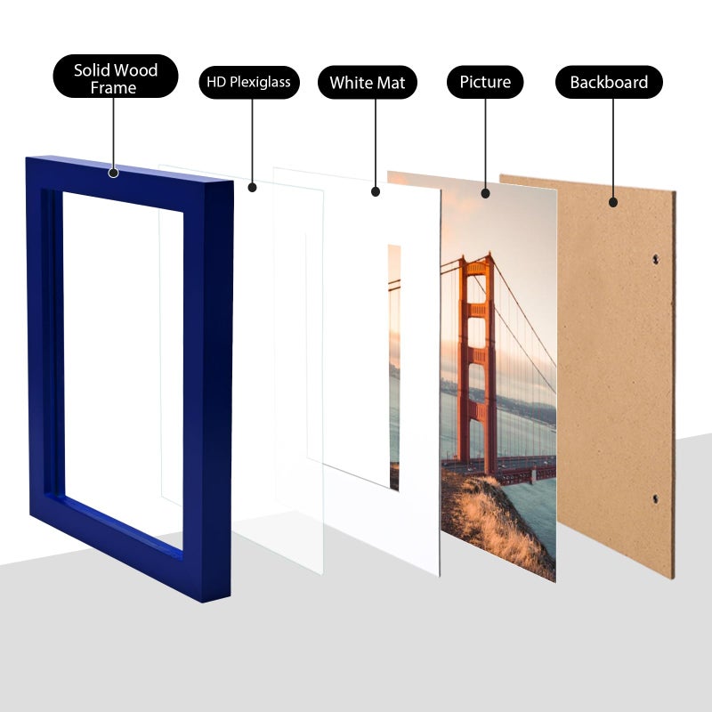 KINLINK 6x8 Picture Frames Navy  Wood Frames with Acrylic Plexiglass for Pictures 4x6 with Mat or 6x8 without Mat  Tabletop and Wall Mounting Display  1 Pack - Image 3
