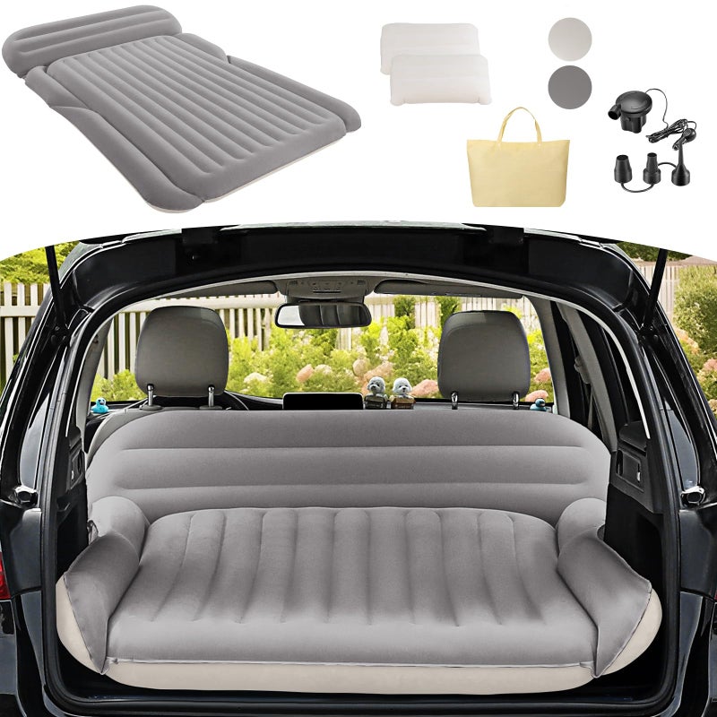 KMZ SUV Air Mattress Thickened Double Flocking Camping Mattress Upgraded Portable Sleeping Car pad Comfortable Inflatable Travel Bed with External Pump and 2 PillowsOffWhite and Light Gray - Image 2