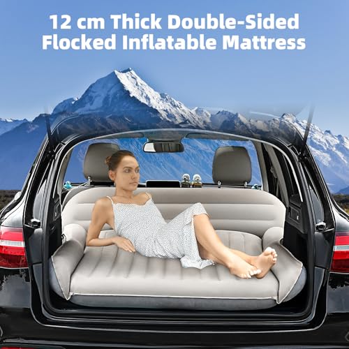 KMZ SUV Air Mattress Thickened Double Flocking Camping Mattress Upgraded Portable Sleeping Car pad Comfortable Inflatable Travel Bed with External Pump and 2 PillowsOffWhite and Light Gray - Image 3