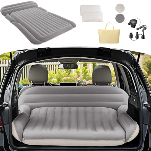 KMZ SUV Air Mattress Thickened Double Flocking Camping Mattress Upgraded Portable Sleeping Car pad Comfortable Inflatable Travel Bed with External Pump and 2 PillowsOffWhite and Light Gray - Image 1