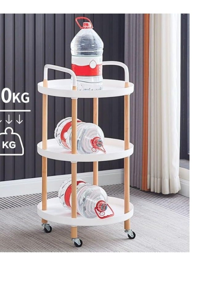 3-Tier Rolling Cart: Storage Organizer Cart with Handle and Lockable Wheels, Multifunctional Cart with Wood Frame for Home, Office, Living Room, Kitchen (White)2 - Image 3