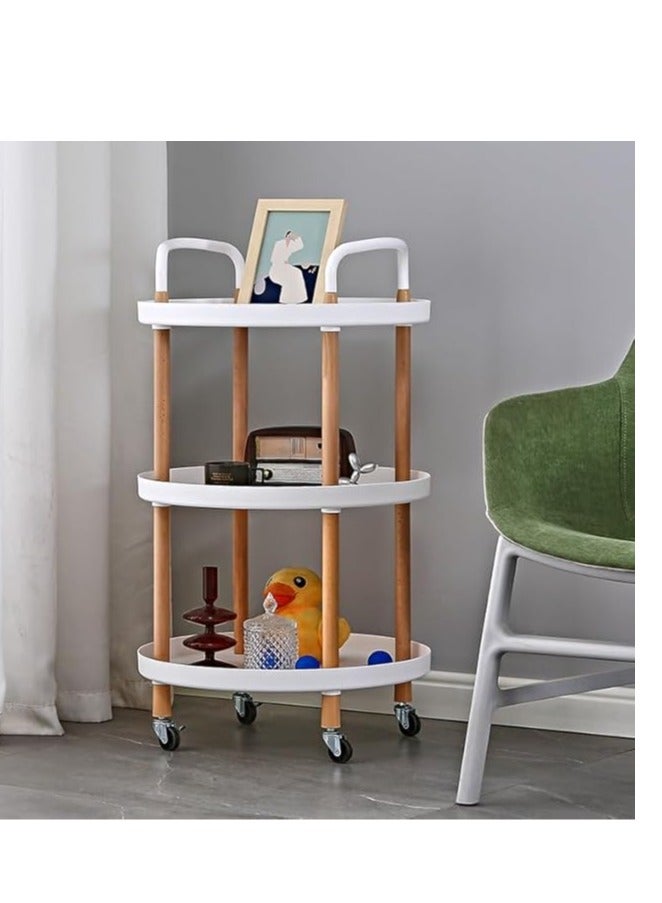 3-Tier Rolling Cart: Storage Organizer Cart with Handle and Lockable Wheels, Multifunctional Cart with Wood Frame for Home, Office, Living Room, Kitchen (White)2 - Image 4