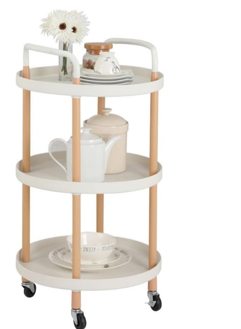 3-Tier Rolling Cart: Storage Organizer Cart with Handle and Lockable Wheels, Multifunctional Cart with Wood Frame for Home, Office, Living Room, Kitchen (White)2 - Image 2