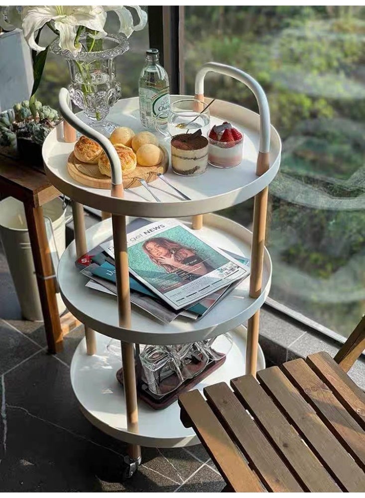 3-Tier Rolling Cart: Storage Organizer Cart with Handle and Lockable Wheels, Multifunctional Cart with Wood Frame for Home, Office, Living Room, Kitchen (White)2 - Image 1