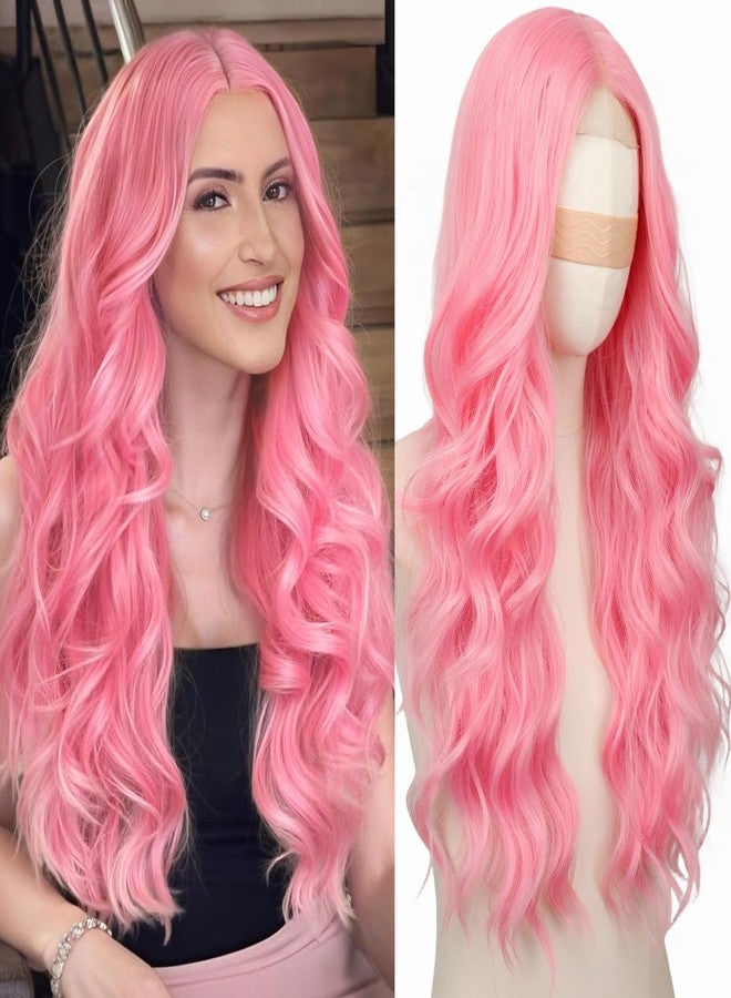 Nnzes Long Pink Wavy Wig for Women Middle Part Curly Wigs Natural Looking White Synthetic Heat Resistant Fiber Women Wigs for Daily Use 26Inch - Image 1
