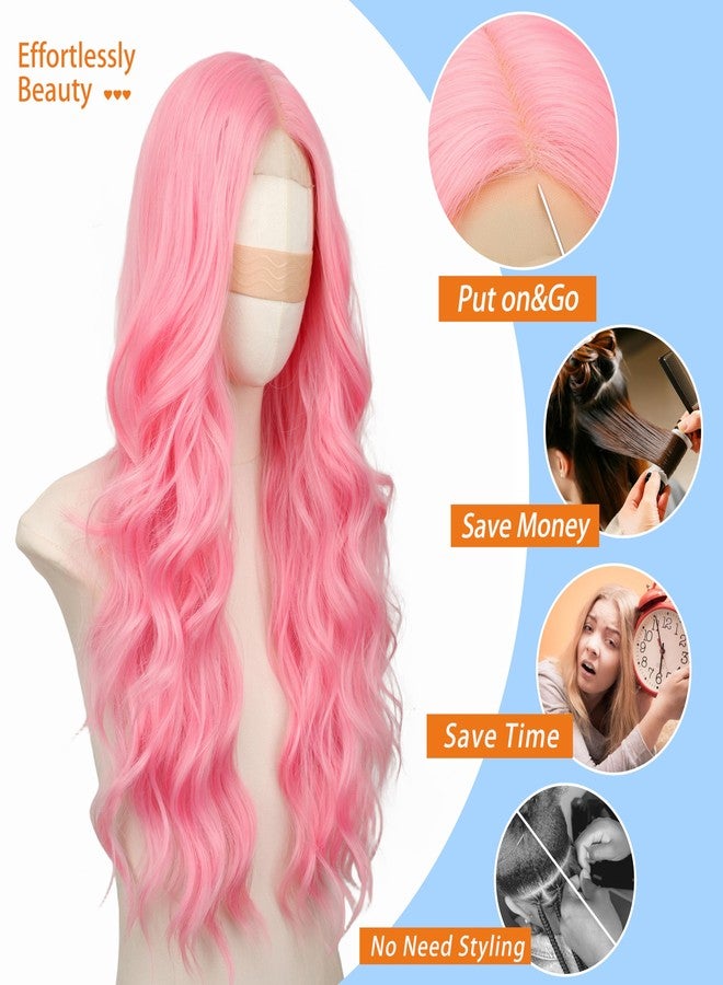 Nnzes Long Pink Wavy Wig for Women Middle Part Curly Wigs Natural Looking White Synthetic Heat Resistant Fiber Women Wigs for Daily Use 26Inch - Image 3