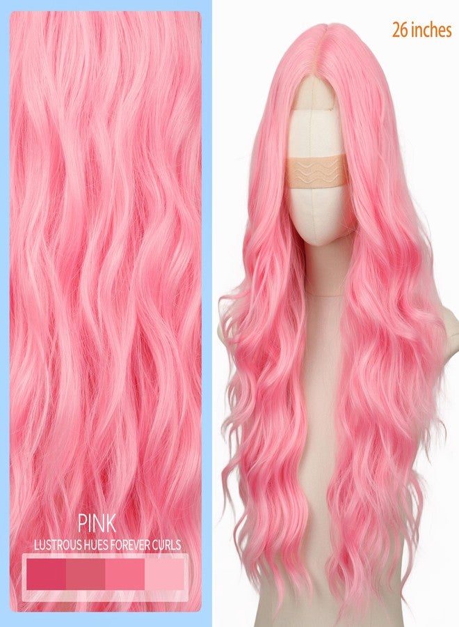 Nnzes Long Pink Wavy Wig for Women Middle Part Curly Wigs Natural Looking White Synthetic Heat Resistant Fiber Women Wigs for Daily Use 26Inch - Image 2