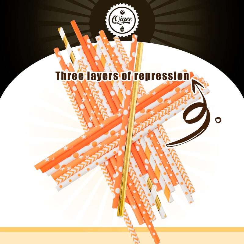 qiqee Gold Orange Straws for Drinking Gold Orange Disposable Straws 150pcs Disposable Straws Bulk(10 Pattern) - Image 2