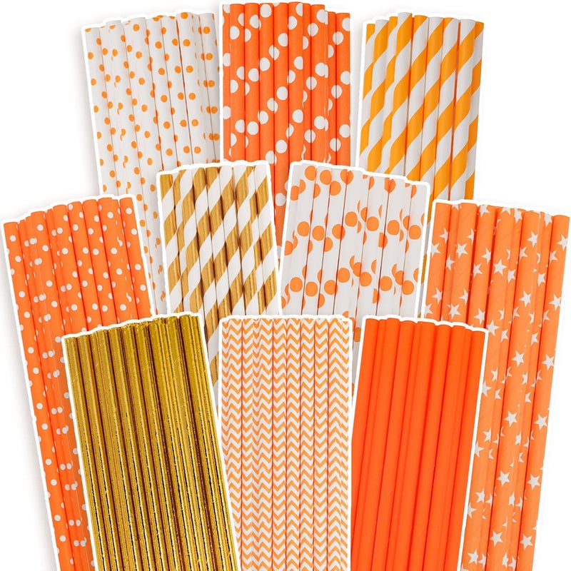 qiqee Gold Orange Straws for Drinking Gold Orange Disposable Straws 150pcs Disposable Straws Bulk(10 Pattern) - Image 1