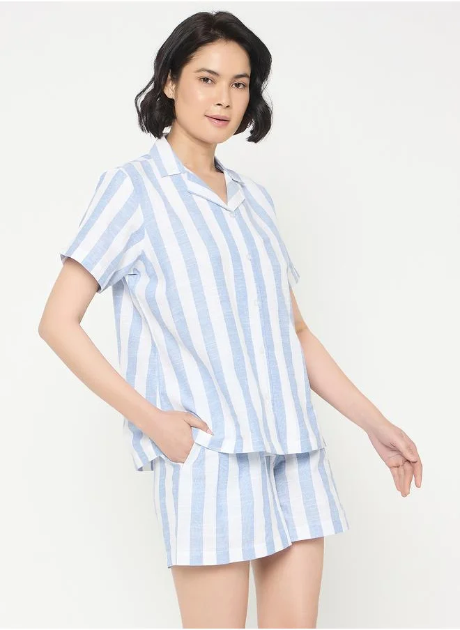 Clovia Clovia Striped Button-Down Cotton Shirt and Shorts Set
