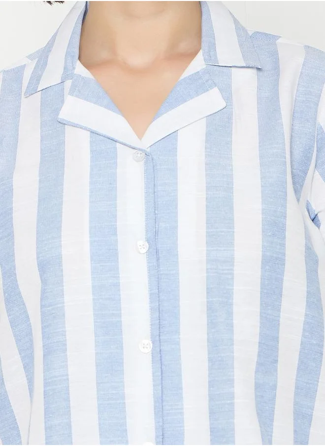 Clovia Clovia Striped Button-Down Cotton Shirt and Shorts Set