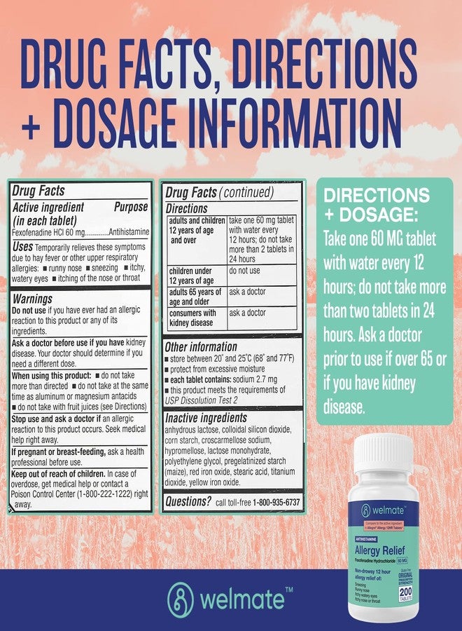 WELMATE - Fexofenadine Hydrochloride 60mg (200 Tablets) - Non Drowsy Allergy Medicine - 12 Hours - Antihistamine - Nose, Eyes, Throat - Generic Allergy Pills - Gluten Free, Over-the-Counter Medication - Image 5