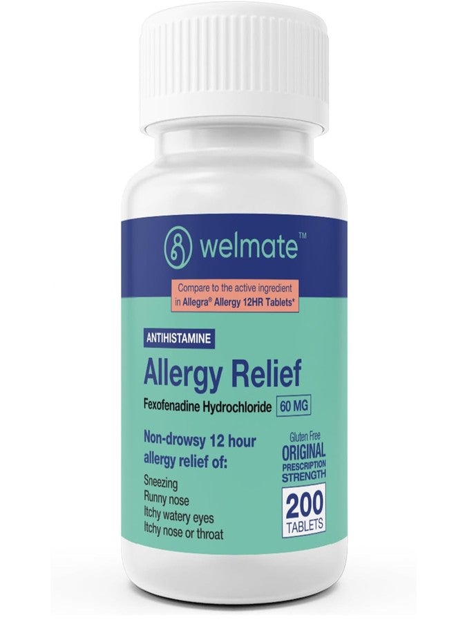 WELMATE - Fexofenadine Hydrochloride 60mg (200 Tablets) - Non Drowsy Allergy Medicine - 12 Hours - Antihistamine - Nose, Eyes, Throat - Generic Allergy Pills - Gluten Free, Over-the-Counter Medication - Image 1