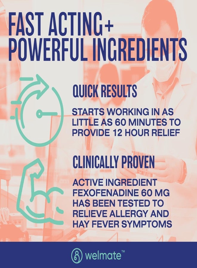 WELMATE - Fexofenadine Hydrochloride 60mg (200 Tablets) - Non Drowsy Allergy Medicine - 12 Hours - Antihistamine - Nose, Eyes, Throat - Generic Allergy Pills - Gluten Free, Over-the-Counter Medication - Image 4