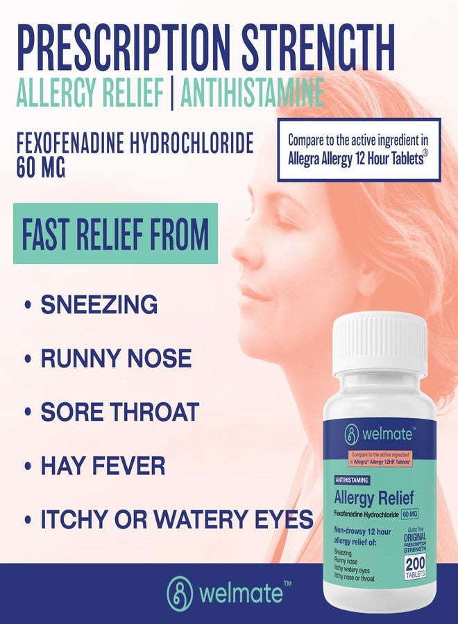 WELMATE - Fexofenadine Hydrochloride 60mg (200 Tablets) - Non Drowsy Allergy Medicine - 12 Hours - Antihistamine - Nose, Eyes, Throat - Generic Allergy Pills - Gluten Free, Over-the-Counter Medication - Image 2