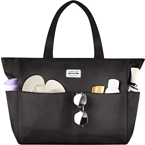HOMESPON Large Waterproof Beach Bag for Women Sandproof Tote Bag Pool Bag with Zipper and Pockets for Travel Vacation Gym (Black) - Image 1