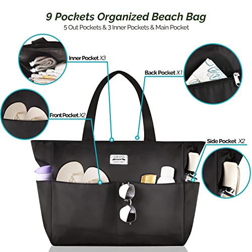 HOMESPON Large Waterproof Beach Bag for Women Sandproof Tote Bag Pool Bag with Zipper and Pockets for Travel Vacation Gym (Black) - Image 4