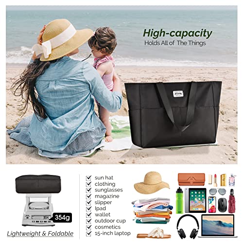 HOMESPON Large Waterproof Beach Bag for Women Sandproof Tote Bag Pool Bag with Zipper and Pockets for Travel Vacation Gym (Black) - Image 5