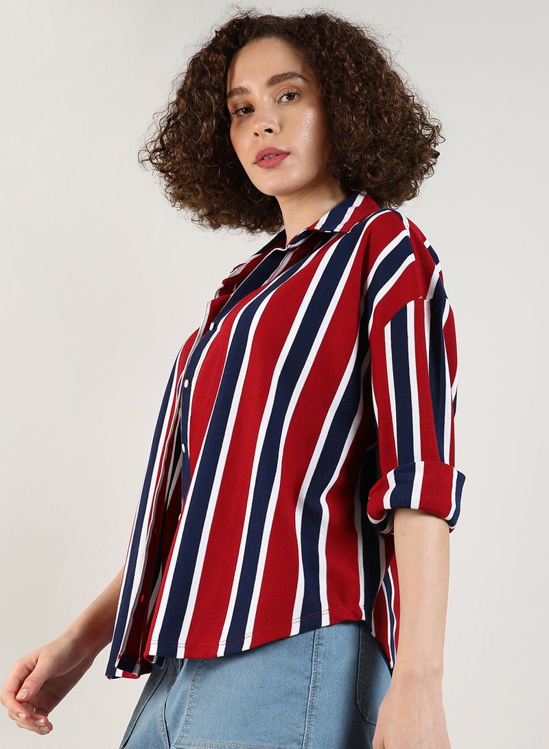 Campus Sutra Women's Crimson Red & Navy Blue Striped Boxy Shirt For Casual Wear | Spread Collar | Long Sleeve | Button Closure | Shirt Crafted With Comfort Fit For Everyday Wear - Image 3